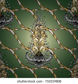 Damask seamless pattern for design. Vector seamless pattern on green gradient background with golden elements and with white doodles. Vector illustration.
