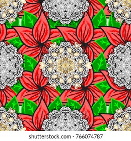 Damask seamless pattern for design. Vector seamless pattern on white, pink and green colors with golden elements and with white doodles. Vector illustration.