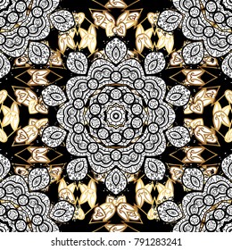 Damask seamless pattern for design. Vector seamless pattern on black colors with golden elements and with white doodles. Vector illustration.