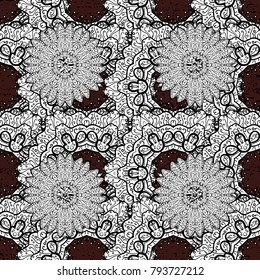 Damask seamless pattern for design. Vector seamless pattern on brown colors with dark elements and with white doodles. Vector illustration.