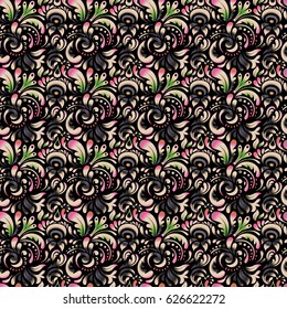 Damask seamless pattern with doodles. Royal wallpaper. Abstract doodles on a black background. Vector stylish ornament.