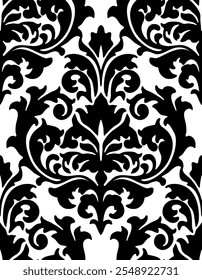 Padrão sem emenda Damask. Elegante padrão de damasco preto e branco com design floral ornamentado para decoração de luxo ou têxteis.