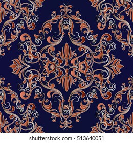 Damask seamless pattern. Elegant floral vector background wallpaper with 3d vintage decorative antique flowers, leaves and ornaments.
