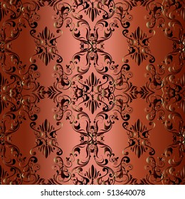 Damask seamless pattern. Elegant floral vector background wallpaper with 3d vintage decorative antique flowers, leaves and ornaments. Luxury  terracotta color.