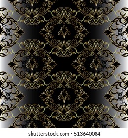 Damask seamless pattern. Elegant floral vector black background wallpaper with vintage decorative antique black and gold flowers, leaves and ornaments.