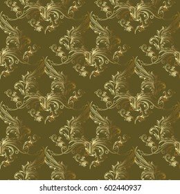 Damask seamless pattern. Elegant floral background wallpaper illustration with vintage gold line art flowers, scroll leaves and antique baroque ornaments. Luxury vector texture for fabric, textile.