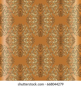 Damask seamless pattern. Elegant floral  background wallpaper illustration with gold 3d  vintage flowers, scroll swirl curve leaves  and antique baroque ornaments. Vector surface luxury texture
