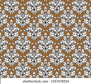 Damask Seamless Pattern. Elegant Outline  Design in Royal Baroque Style Background Texture. Floral and Swirl Element. Ideal for Textile Print and Wallpapers.Vector Illustration.