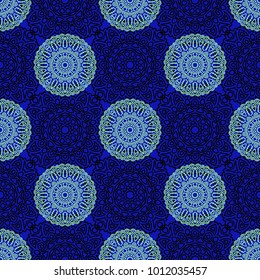 Damask Seamless Pattern. Ethnic Rapport for Textile, Fabric, Wallpaper. Seamless Background with Lacy Grid made of Mandalas. Green Orient Texture