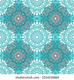 Damask Seamless Pattern. Ethnic Rapport for Textile, Fabric, Wallpaper. Seamless Background with Lacy Grid made of Mandalas. Green Orient Texture
