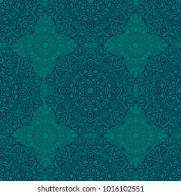 Damask Seamless Pattern. Ethnic Rapport for Textile, Fabric, Wallpaper. Seamless Background with Lacy Grid made of Mandalas. Green Orient Texture