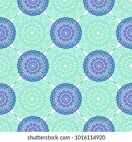 Damask Seamless Pattern. Ethnic Rapport for Textile, Fabric, Wallpaper. Seamless Background with Lacy Grid made of Mandalas. Green Orient Texture