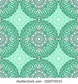 Damask Seamless Pattern. Ethnic Rapport for Textile, Fabric, Wallpaper. Seamless Background with Lacy Grid made of Mandalas. Green Orient Texture