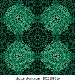Damask Seamless Pattern. Ethnic Rapport for Textile, Fabric, Wallpaper. Seamless Background with Lacy Grid made of Mandalas. Green Orient Texture