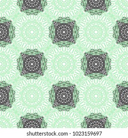 Damask Seamless Pattern. Ethnic Rapport for Textile, Fabric, Wallpaper. Seamless Background with Lacy Grid made of Mandalas. Green Orient Texture