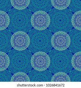 Damask Seamless Pattern. Ethnic Rapport for Textile, Fabric, Wallpaper. Seamless Background with Lacy Grid made of Mandalas. Green Orient Texture