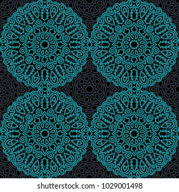 Damask Seamless Pattern. Ethnic Rapport for Textile, Fabric, Wallpaper. Seamless Background with Lacy Grid made of Mandalas. Green Orient Texture