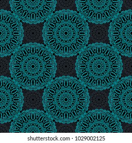 Damask Seamless Pattern. Ethnic Rapport for Textile, Fabric, Wallpaper. Seamless Background with Lacy Grid made of Mandalas. Green Orient Texture