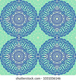 Damask Seamless Pattern. Ethnic Rapport for Textile, Fabric, Wallpaper. Seamless Background with Lacy Grid made of Mandalas. Green Orient Texture