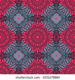 Damask Seamless Pattern. Ethnic Rapport for Textile, Fabric, Wallpaper. Seamless Background with Lacy Grid made of Mandalas. Green Orient Texture