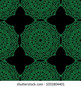 Damask Seamless Pattern. Ethnic Rapport for Textile, Fabric, Wallpaper. Seamless Background with Lacy Grid made of Mandalas. Green Orient Texture