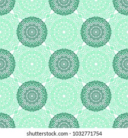 Damask Seamless Pattern. Ethnic Rapport for Textile, Fabric, Wallpaper. Seamless Background with Lacy Grid made of Mandalas. Green Orient Texture
