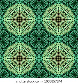 Damask Seamless Pattern. Ethnic Rapport for Textile, Fabric, Wallpaper. Seamless Background with Lacy Grid made of Mandalas. Green Orient Texture