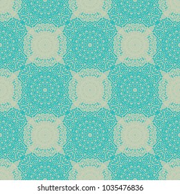 Damask Seamless Pattern. Ethnic Rapport for Textile, Fabric, Wallpaper. Seamless Background with Lacy Grid made of Mandalas. Green Orient Texture
