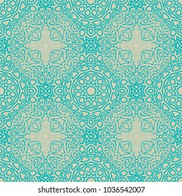 Damask Seamless Pattern. Ethnic Rapport for Textile, Fabric, Wallpaper. Seamless Background with Lacy Grid made of Mandalas. Green Orient Texture