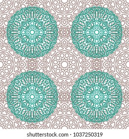 Damask Seamless Pattern. Ethnic Rapport for Textile, Fabric, Wallpaper. Seamless Background with Lacy Grid made of Mandalas. Green Orient Texture