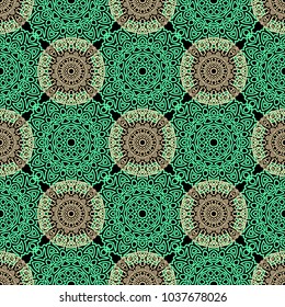 Damask Seamless Pattern. Ethnic Rapport for Textile, Fabric, Wallpaper. Seamless Background with Lacy Grid made of Mandalas. Green Orient Texture
