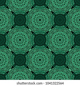 Damask Seamless Pattern. Ethnic Rapport for Textile, Fabric, Wallpaper. Seamless Background with Lacy Grid made of Mandalas. Green Orient Texture