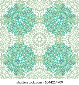 Damask Seamless Pattern. Ethnic Rapport for Textile, Fabric, Wallpaper. Seamless Background with Lacy Grid made of Mandalas. Green Orient Texture