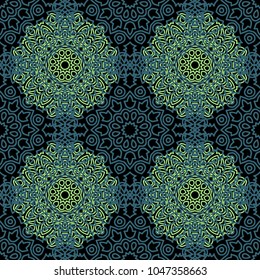 Damask Seamless Pattern. Ethnic Rapport for Textile, Fabric, Wallpaper. Seamless Background with Lacy Grid made of Mandalas. Green Orient Texture