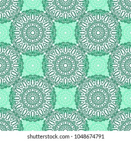Damask Seamless Pattern. Ethnic Rapport for Textile, Fabric, Wallpaper. Seamless Background with Lacy Grid made of Mandalas. Green Orient Texture