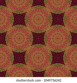 Damask Seamless Pattern. Ethnic Rapport for Textile, Fabric, Wallpaper. Seamless Background with Lacy Grid made of Mandalas. Green Orient Texture