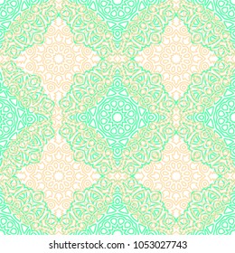 Damask Seamless Pattern. Ethnic Rapport for Textile, Fabric, Wallpaper. Seamless Background with Lacy Grid made of Mandalas. Green Orient Texture