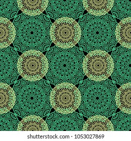 Damask Seamless Pattern. Ethnic Rapport for Textile, Fabric, Wallpaper. Seamless Background with Lacy Grid made of Mandalas. Green Orient Texture