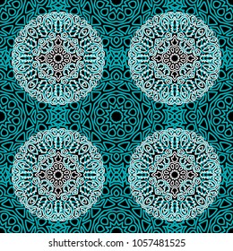 Damask Seamless Pattern. Ethnic Rapport for Textile, Fabric, Wallpaper. Seamless Background with Lacy Grid made of Mandalas. Green Orient Texture