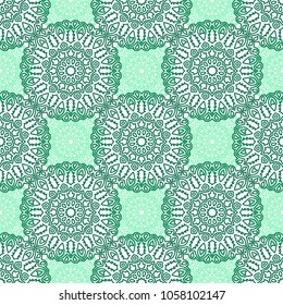 Damask Seamless Pattern. Ethnic Rapport for Textile, Fabric, Wallpaper. Seamless Background with Lacy Grid made of Mandalas. Green Orient Texture
