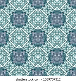 Damask Seamless Pattern. Ethnic Rapport for Textile, Fabric, Wallpaper. Seamless Background with Lacy Grid made of Mandalas. Green Orient Texture