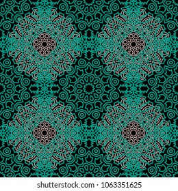 Damask Seamless Pattern. Ethnic Rapport for Textile, Fabric, Wallpaper. Seamless Background with Lacy Grid made of Mandalas. Green Orient Texture