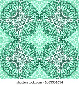 Damask Seamless Pattern. Ethnic Rapport for Textile, Fabric, Wallpaper. Seamless Background with Lacy Grid made of Mandalas. Green Orient Texture