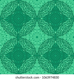Damask Seamless Pattern. Ethnic Rapport for Textile, Fabric, Wallpaper. Seamless Background with Lacy Grid made of Mandalas. Green Orient Texture