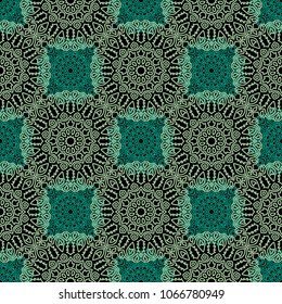 Damask Seamless Pattern. Ethnic Rapport for Textile, Fabric, Wallpaper. Seamless Background with Lacy Grid made of Mandalas. Green Orient Texture