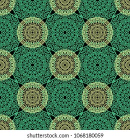 Damask Seamless Pattern. Ethnic Rapport for Textile, Fabric, Wallpaper. Seamless Background with Lacy Grid made of Mandalas. Green Orient Texture