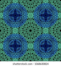 Damask Seamless Pattern. Ethnic Rapport for Textile, Fabric, Wallpaper. Seamless Background with Lacy Grid made of Mandalas. Green Orient Texture