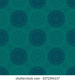 Damask Seamless Pattern. Ethnic Rapport for Textile, Fabric, Wallpaper. Seamless Background with Lacy Grid made of Mandalas. Green Orient Texture