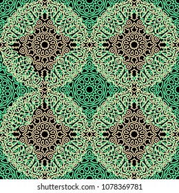 Damask Seamless Pattern. Ethnic Rapport for Textile, Fabric, Wallpaper. Seamless Background with Lacy Grid made of Mandalas. Green Orient Texture