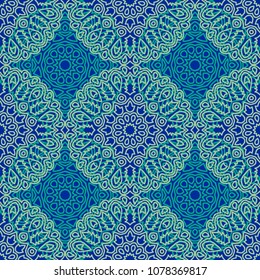 Damask Seamless Pattern. Ethnic Rapport for Textile, Fabric, Wallpaper. Seamless Background with Lacy Grid made of Mandalas. Green Orient Texture